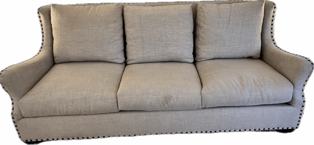 Beige Linen Scalloped Back Sofa with Bronze Nailheads