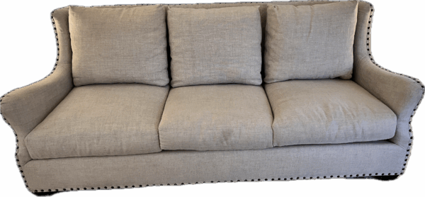 Beige Linen Scalloped Back Sofa with Bronze Nailheads