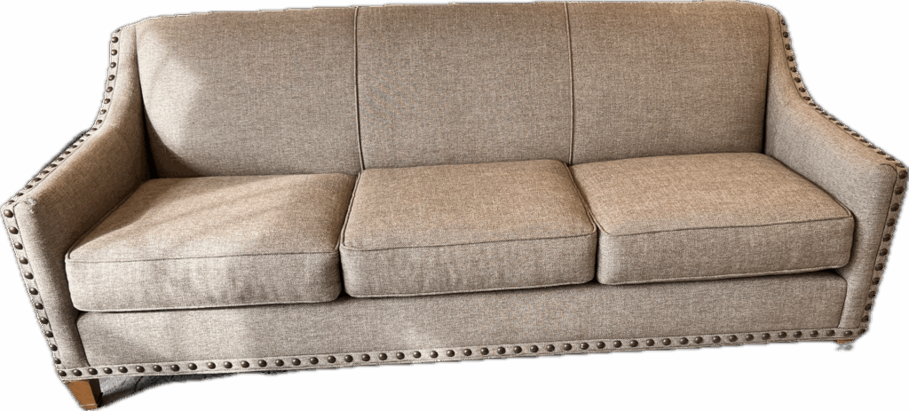 Taupe Tight Back Sofa with Bronze Nailheads