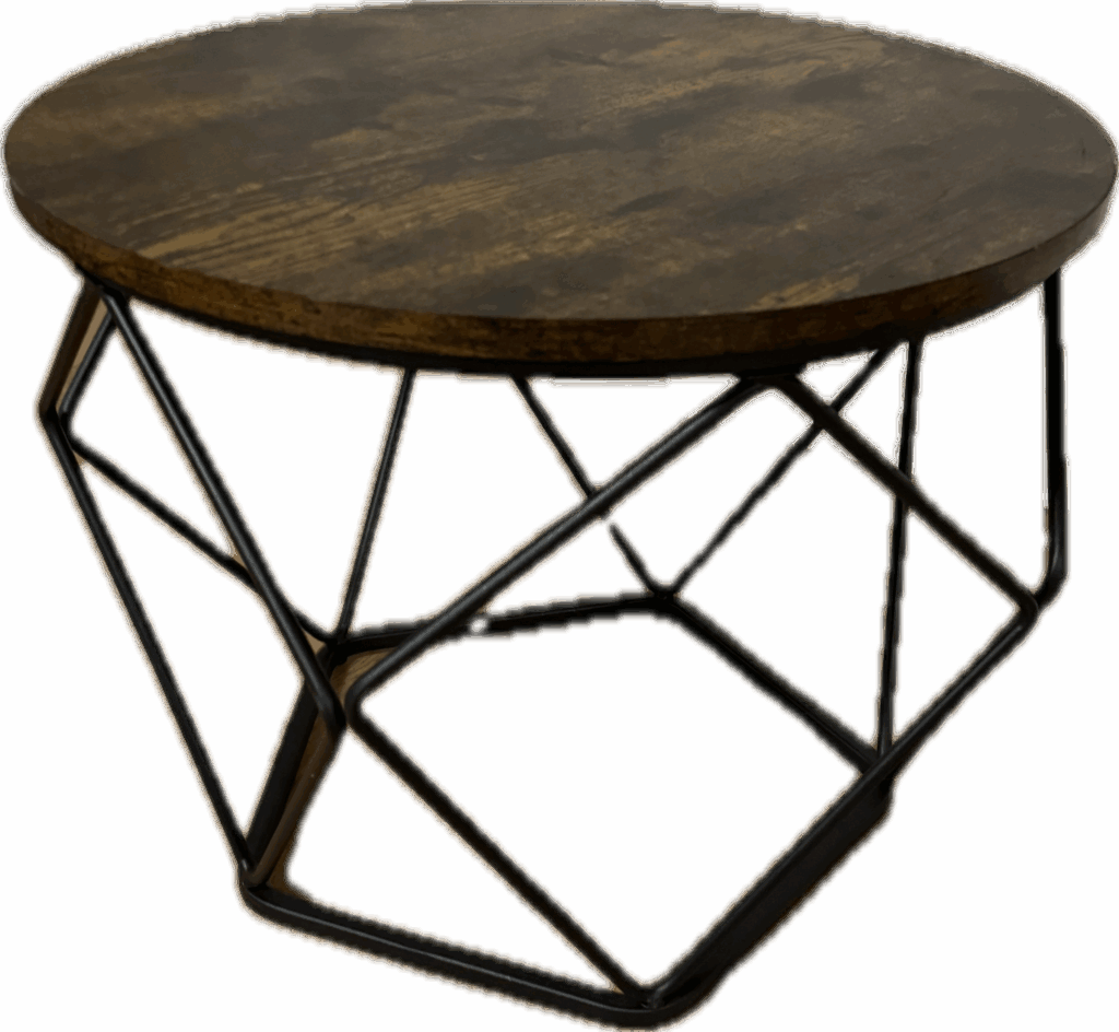 Round Dark Wood Cocktail Table with Geometric Metal Base