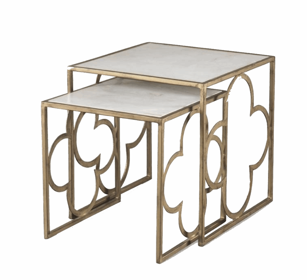 Square Nesting Tables with Gold Quatrefoil Base and Marble Top