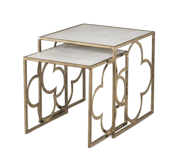 Square Nesting Tables with Gold Quatrefoil Base and Marble Top