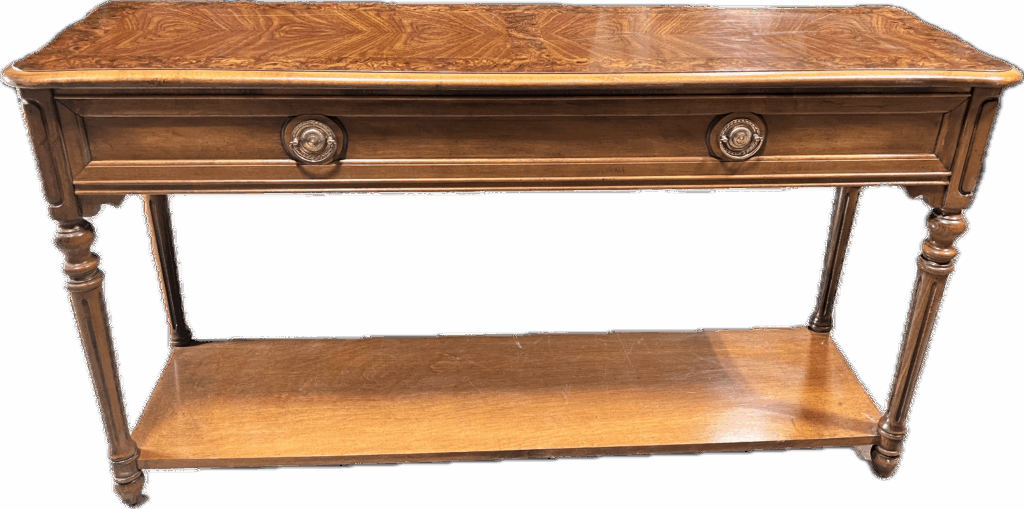 Burled Wood Console Table with Brass Handles