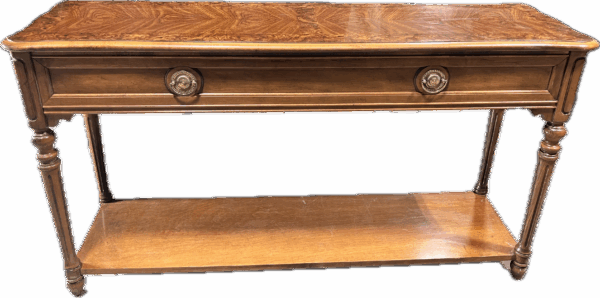 Burled Wood Console Table with Brass Handles