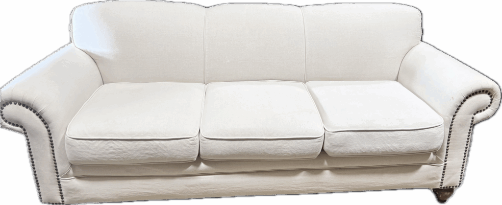 Cream Linen Tight Back Sofa with Bronze Nailheads