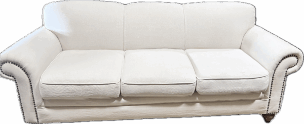 Cream Linen Tight Back Sofa with Bronze Nailheads
