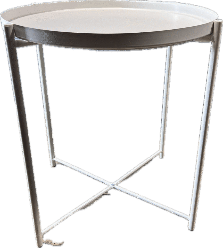 White Metal Round Table with X Base and Shallow Tray Top
