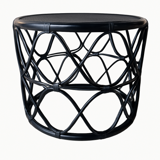 Black Rattan Drum Table with Curved Details
