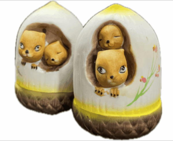 White Acorn with Nesting Squirrels Salt and Pepper Shakers