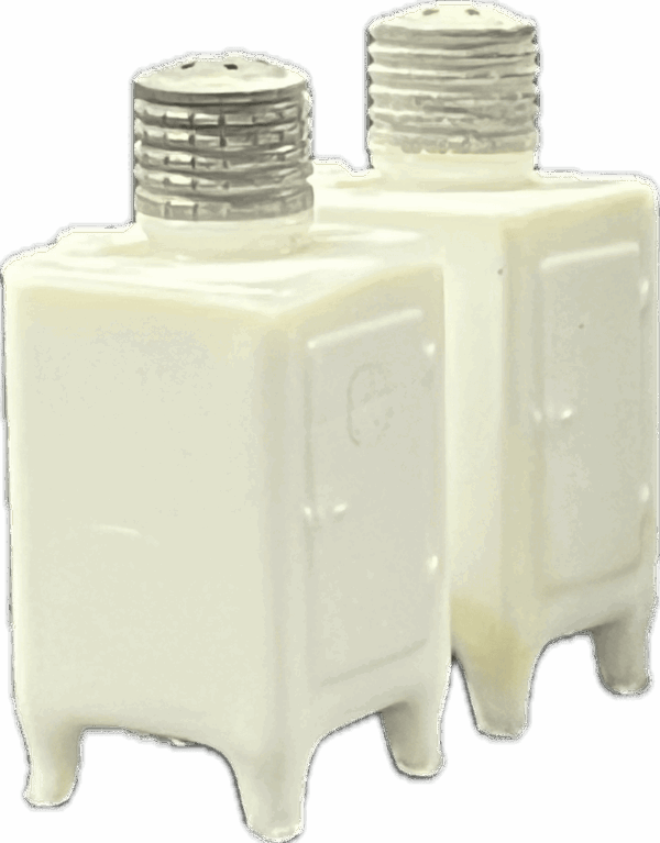 Milk Glass Salt and Pepper Shakers in General Electric Refrigerator Design