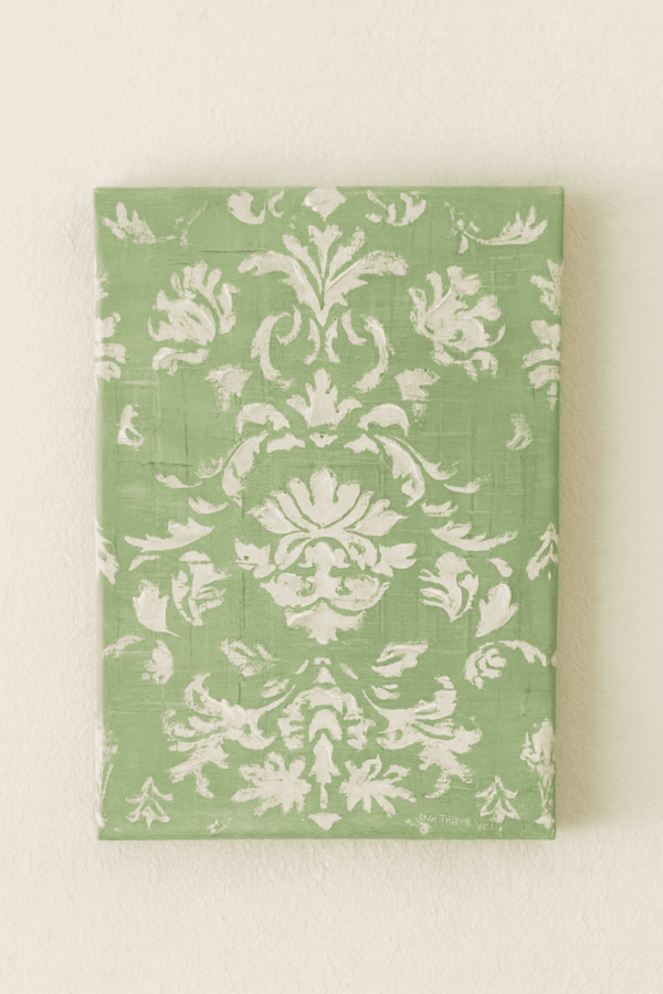 Green and White Damask Print on Canvas