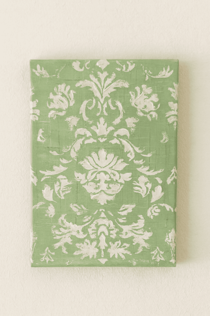 Green and White Damask Print on Canvas
