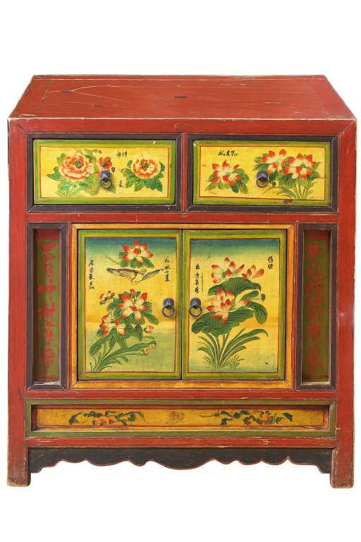 Red Vintage Chest with Asian-Inspired Illustrations