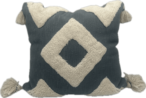 Blue and Boucle Geometric Tassel Pillow