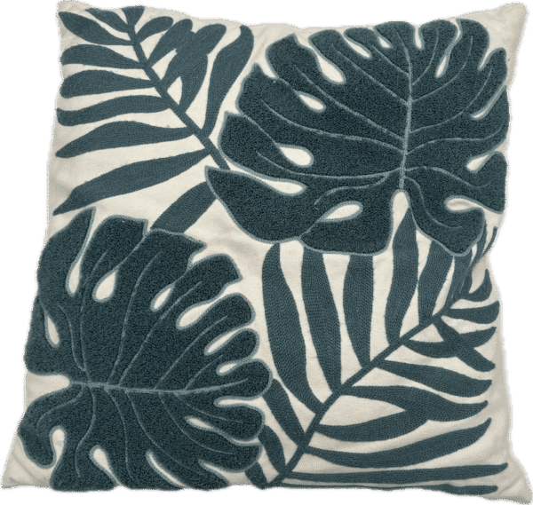 Teal Yarn Monstera Leaf Pillow