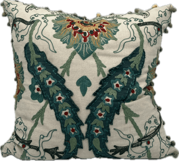Embroidered Botanical Pom-Pom Pillow