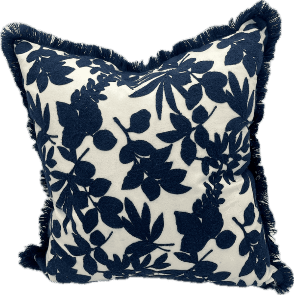 Whit Botanical Pillow with Navy Embroidery and Fringe