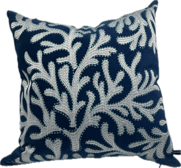 Navy Coral Embroidered Pillow