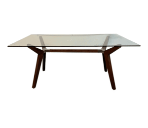 Glass and Wood Table with Silver Jointed Trestle