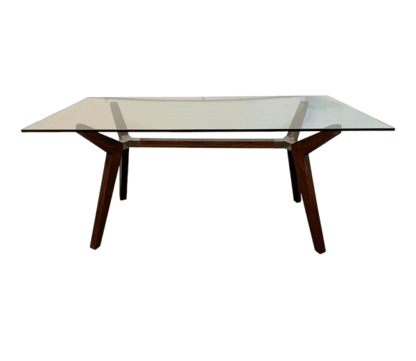 Glass and Wood Table with Silver Jointed Trestle