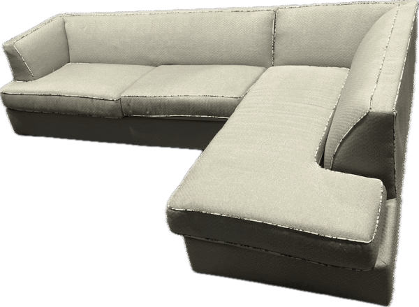 Grey Sectional with Brown and White Piping