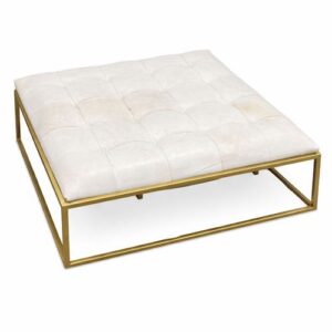 Square White Leather Tufted Ottoman with Gold Base