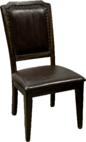 Dark Wood Trestle Dining Set With 6 Leather Chairs