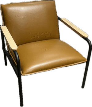 Caramel Leather Mid Century Modern Style Chair with Black and Wood Arms