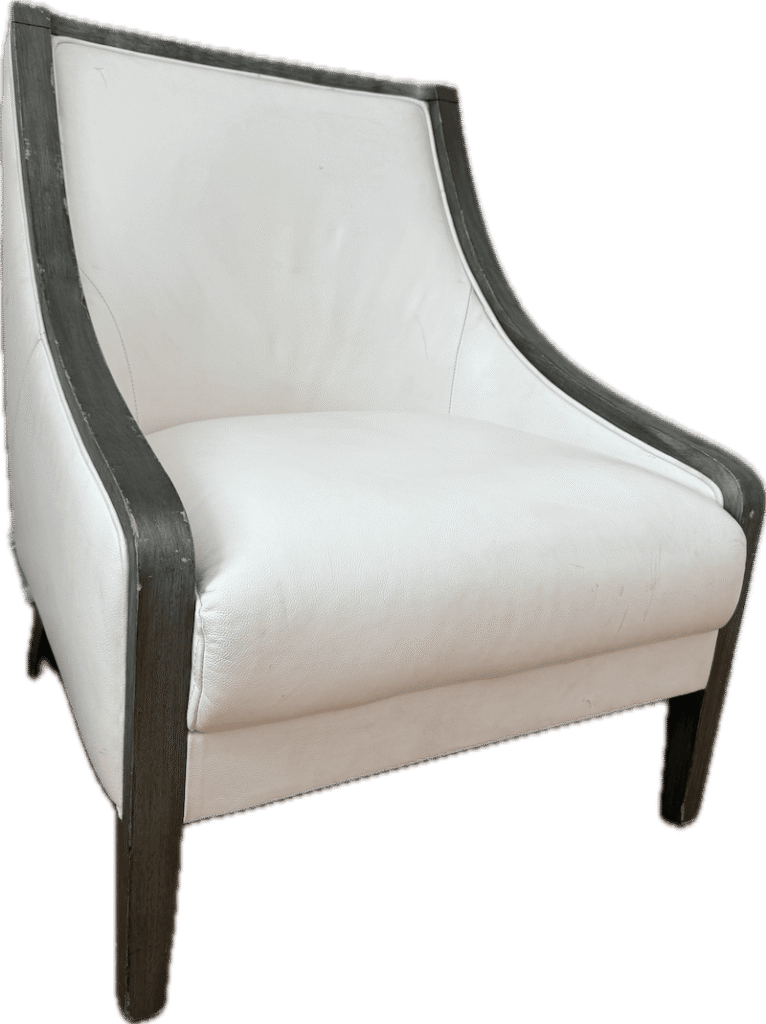 White Leather Chair with Grey Wood Integrated Arms