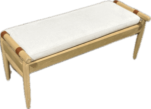 Light Wood Bench with Brown Leather Straps and Linen Cushion