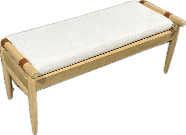 Light Wood Bench with Brown Leather Straps and Linen Cushion
