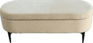 White Boucle Ottoman with Black Metal Legs