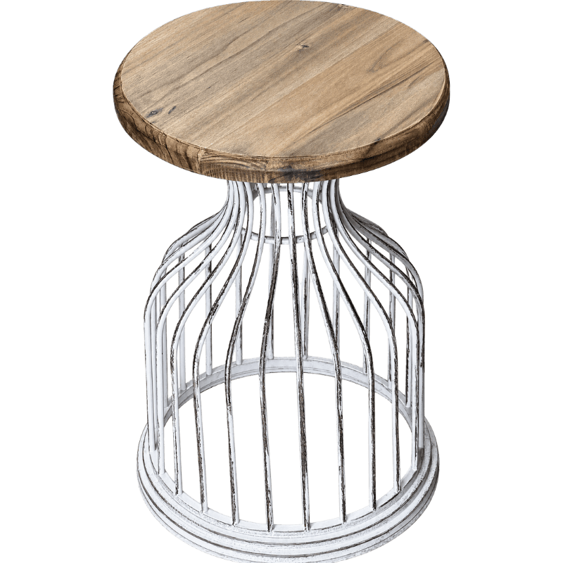 Wood and Metal Side Table with Wire Cage Base