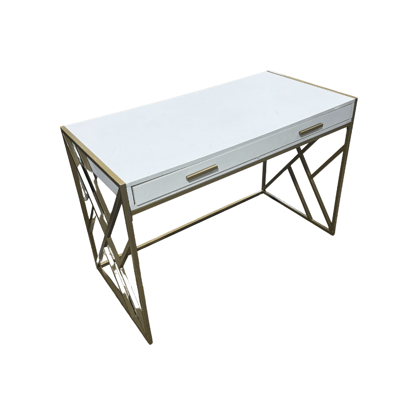 White Modern Desk with Geometric Gold Legs