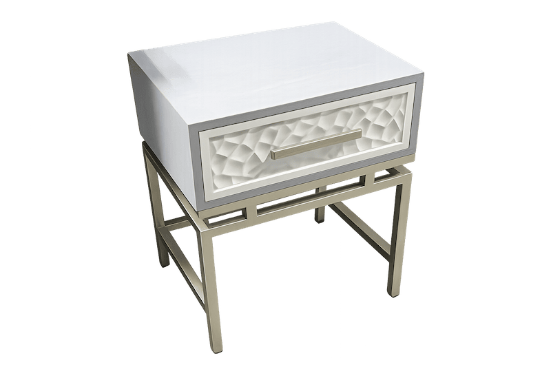 Grey and White Chiseled Drawer Wood Bedside Table with Metal Legs